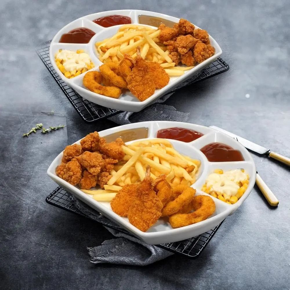 

Two-Piece Ceramic Serving Set: Divided Plate with Sauce Dishes for Brunch, Dinner, Salad, and Snacks