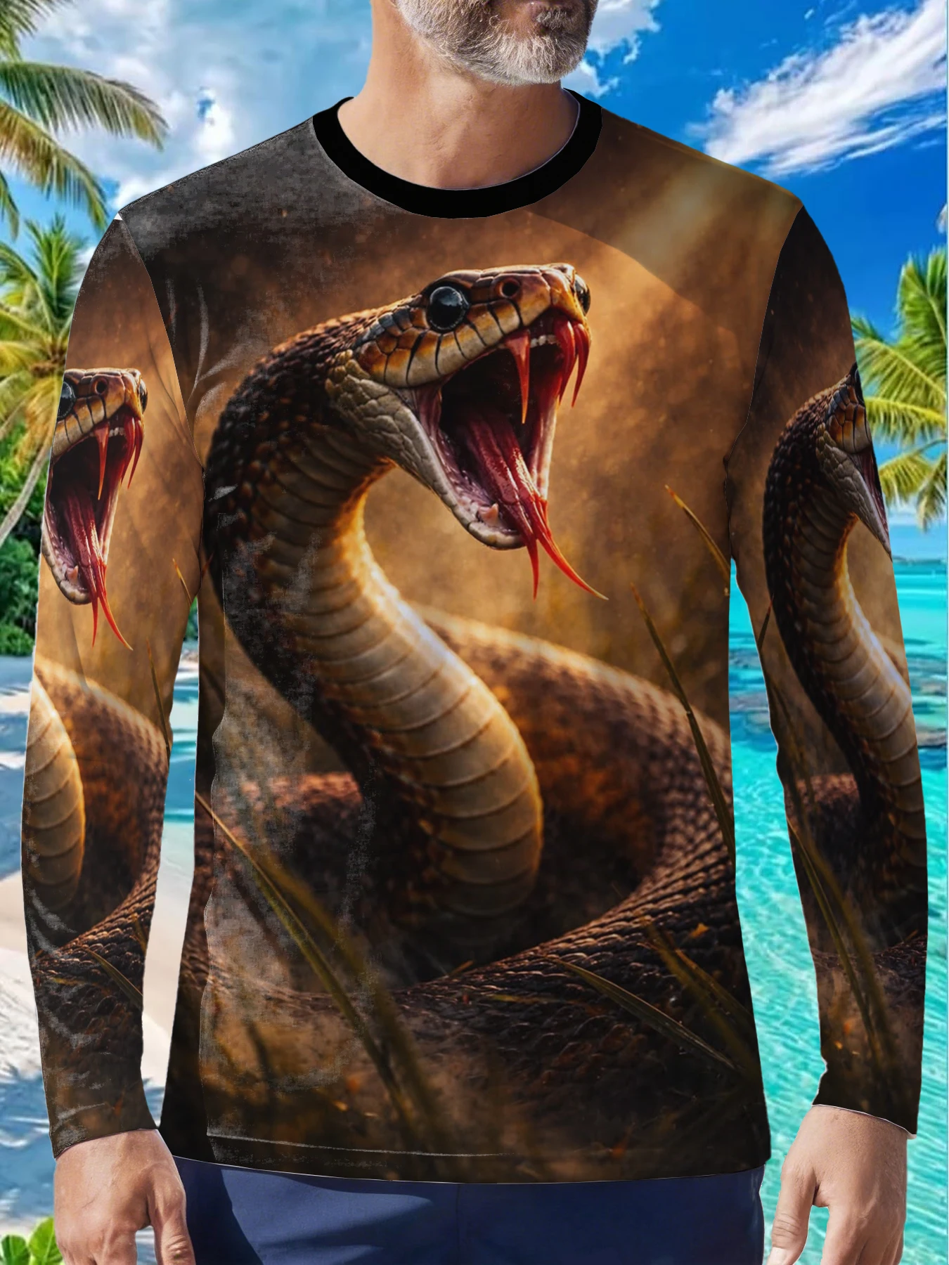 Halloween Snake Scary Reptile Mens Polyester Long Sleeve T Shirt Aggressive Cobra Print Graphic Tee Casual Streetwear Outdoor Gi