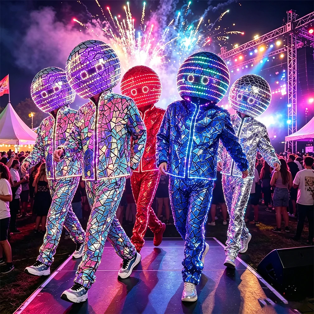 

LED Mirror Disco Ball Costume Set with Helmet 5V Rechargeable Light Up Rave Outfit for EDM Music Festival Halloween Stage Perfor
