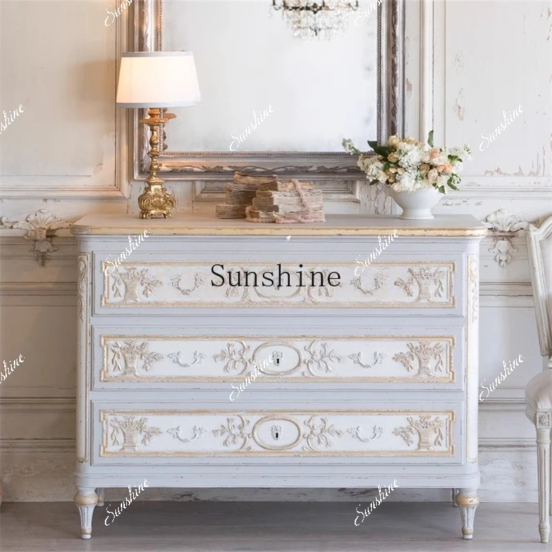 

French retro old solid wood chest carved drawer bedroom storage storage FT