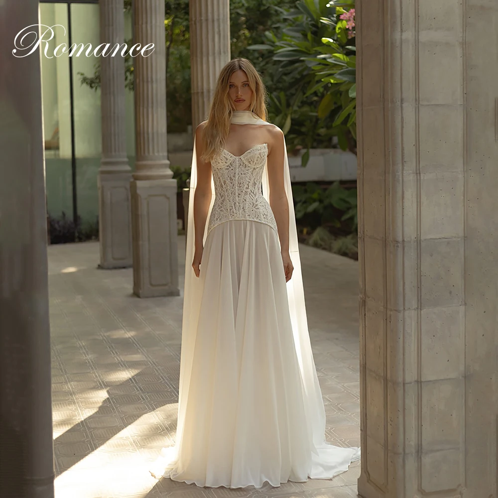 ชุดแต่งงานทรงเอไลน์ผ้าชีฟองประดับลูกไม้หรูหรา แขนกุด เปิดหลัง พร้อมผ้าคลุมไหล่แบบจีบ  สามารถสั่งตัดได้