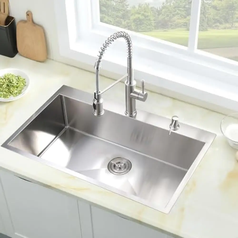 Fregadero de cocina de acero inoxidable, lavabo de un solo cuenco de 33x19 con solución de drenaje rápido y amortiguación de sonido, grado comercial