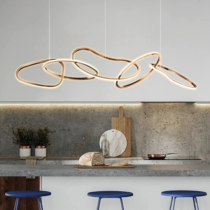 Modern Irregular Ring LED Chandelier Gold Rose Gold Abstract Linear Pendant Light for Dining Room Kitchen Island Living Room