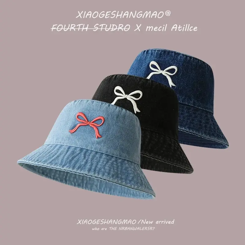 A Fisherman\'s Hat Three-Dimensional Embroidery Bow Travel Shopping Washed Denim Basin Hat