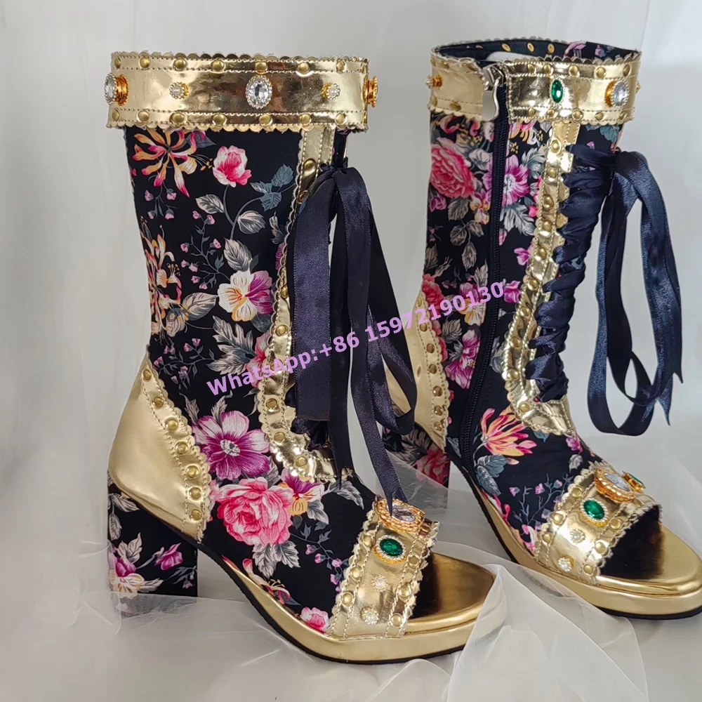 Rhinestone Flower Court Style Boots Peep Toe Lace Up Luxury Square Heels Sandals Lace Runway Sexy Hollow Crystal Party Shoes