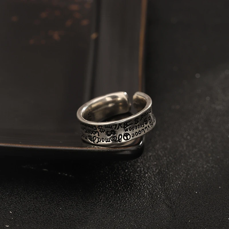 Vintage Graffiti Freedom Text Open Band Ring 316L Stainless Steel Adjustable Punk Street Engraved Statement Men Jewelry