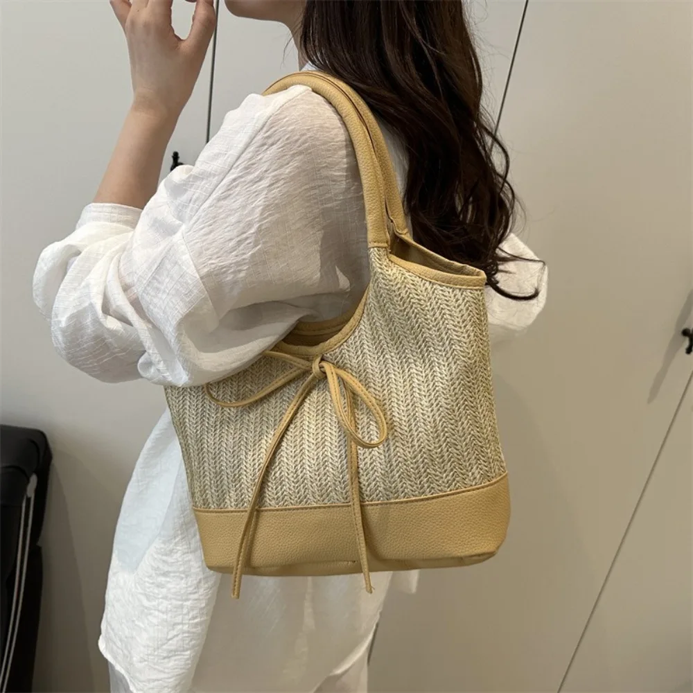 

Korean Bow Tie Weaving Tote Bag Large Capacity Casual Straw Shoulder Bag Commuting Elegant Women's Handbag Girls