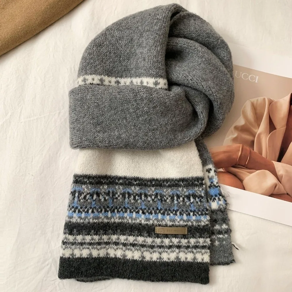 New Fair Isle Pattern Patchwork Scarf Vintage Design Keep Warm Warm Neck Scarf Thicken Long Shawl For Women