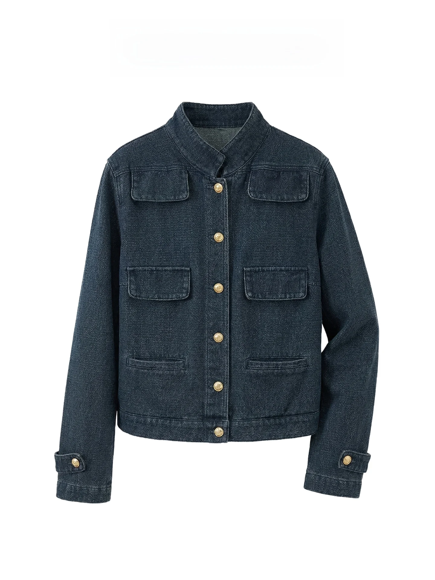 Chaqueta vaquera con cuello alto y botones dorados para mujer, diseño de primavera y otoño, corte holgado, abrigo corto, estilo vintage, manga larga, color liso