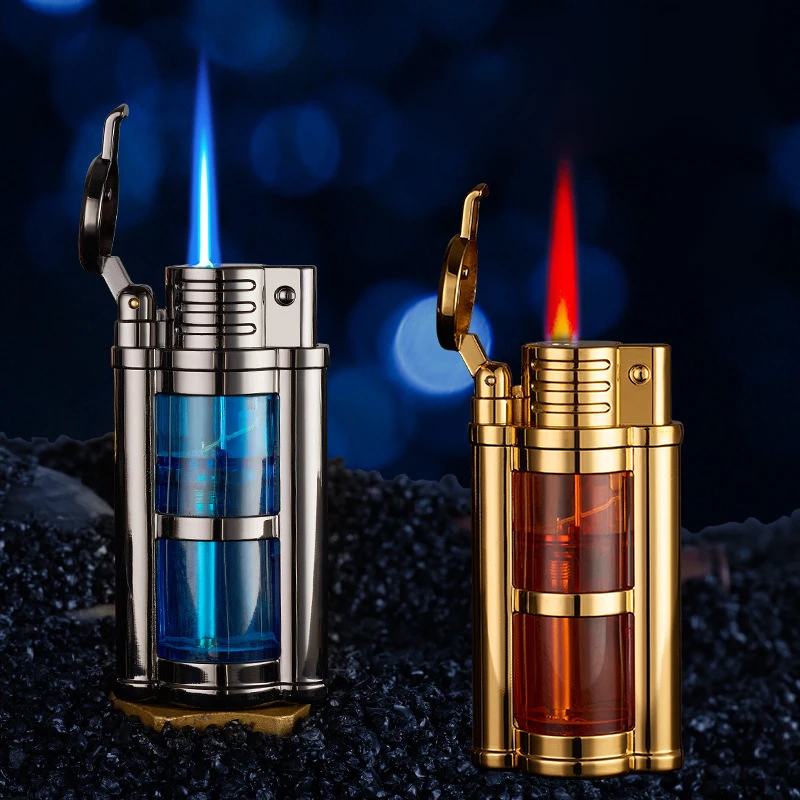 

New Gas Viewable Window Metal Turbo Torch Lighter Butane Red Blue Flame Windproof Cigar Lighter Smoking Accessories Men's Gift