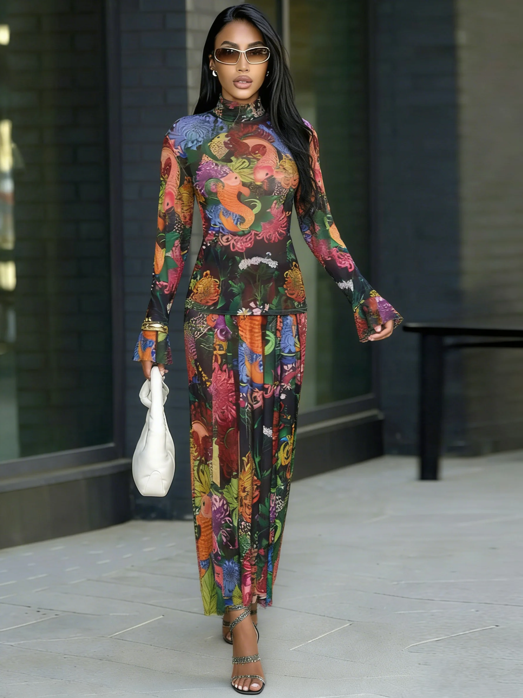 

SisterlindaNew Trend Floral Print 2 Piece Set Women Colorful O-Neck Full Sleeve Top+Long Skirts Chic Stretch High Streetwear