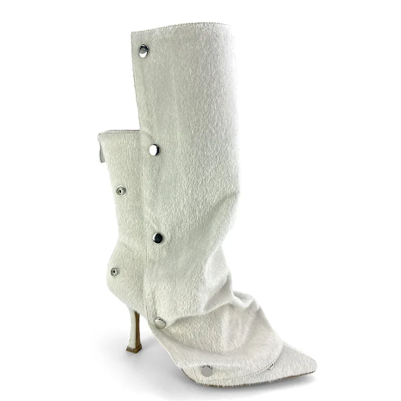 2025 Women\'s New High Heels, Pointed Metal Rivets, Horse Hair Splicing, Two Wear Stacked Knee Size Fashion Banquet Boots