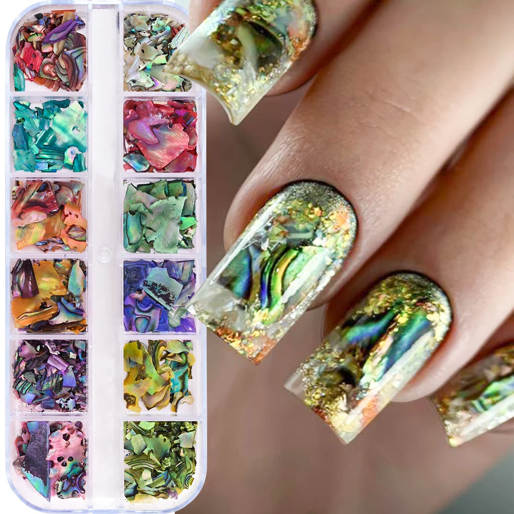 6/12Grids Abalone Sea Shell for Nail Art Decoration 3D Charms Irregular Fragments Seashell Texture Slices DIY Manicure Paillette