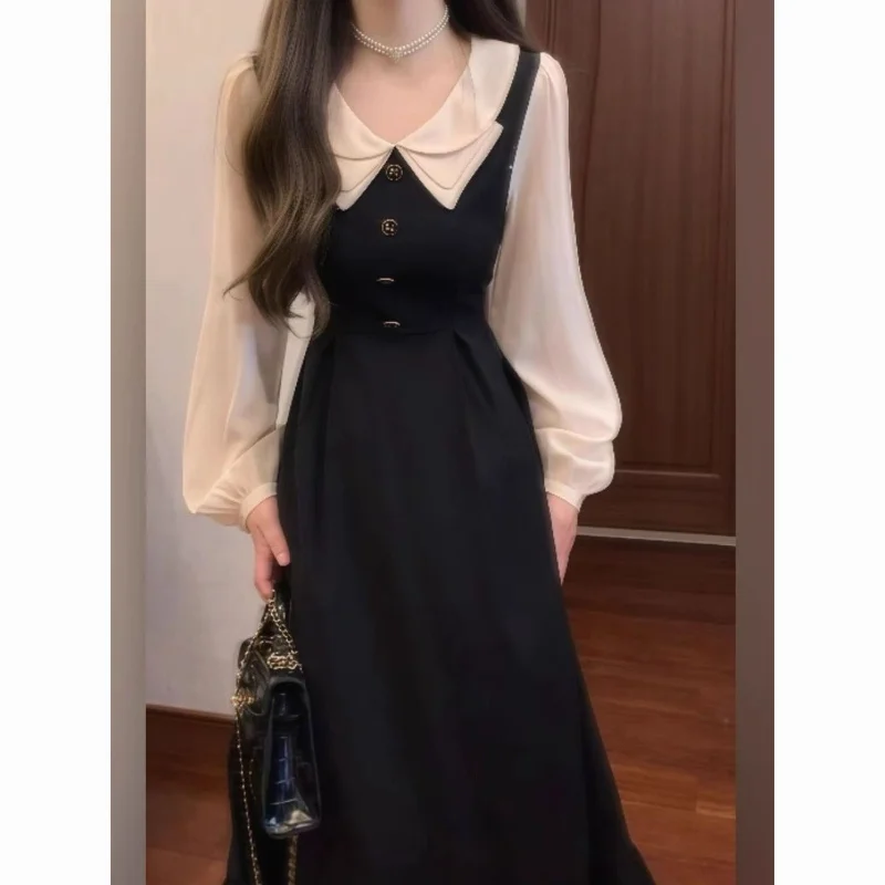 

2026 Spring and Summer New Fake Two Piece Lantern Sleeves Peter Pan Collar Dress Slim Waist Long Dress Elegant Minimalist