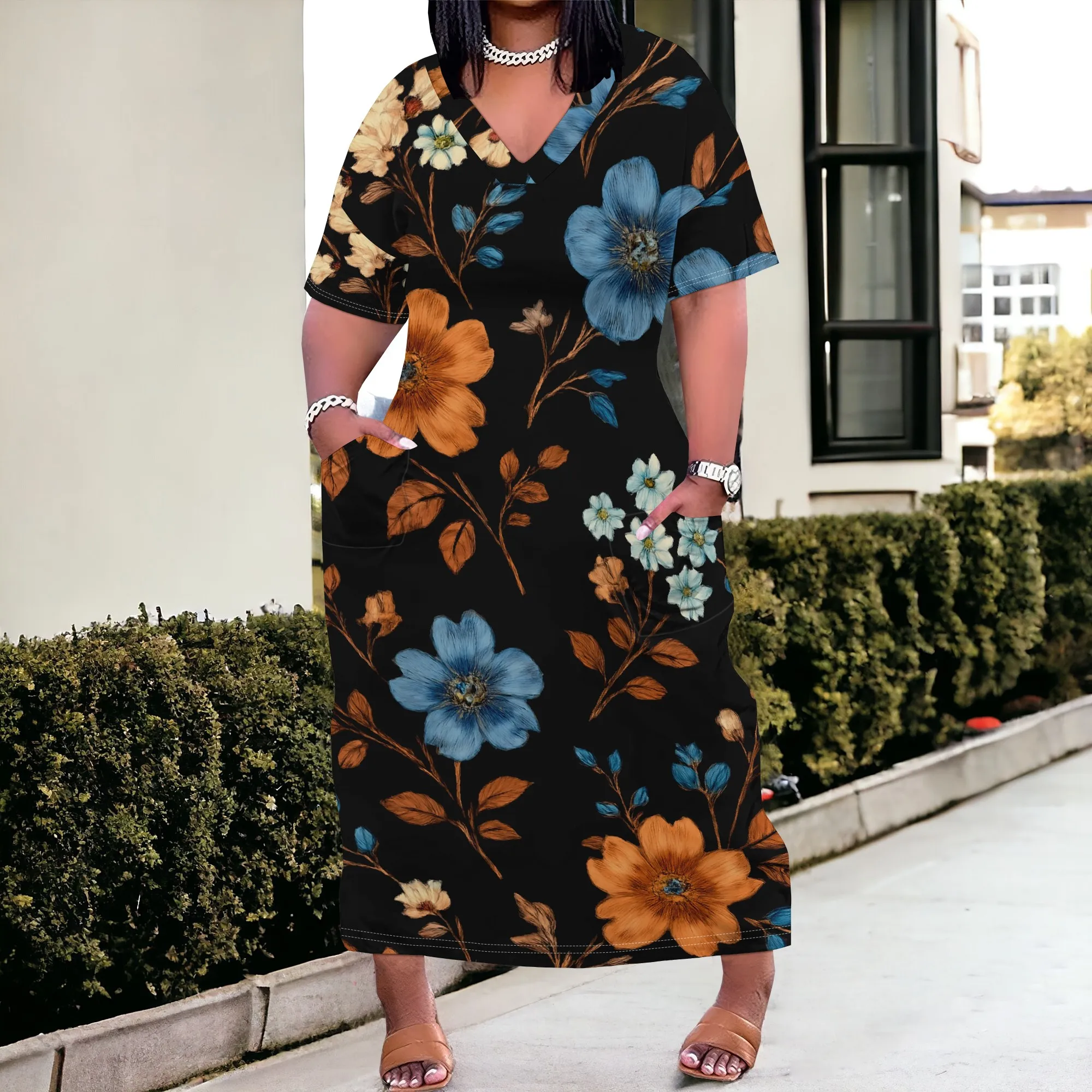 

Plus Size Vintage Floral Maxi Dress XL-6XL Black Loose Fit Casual Summer Fall Kaftan with Blue Orange Flowers and Pockets