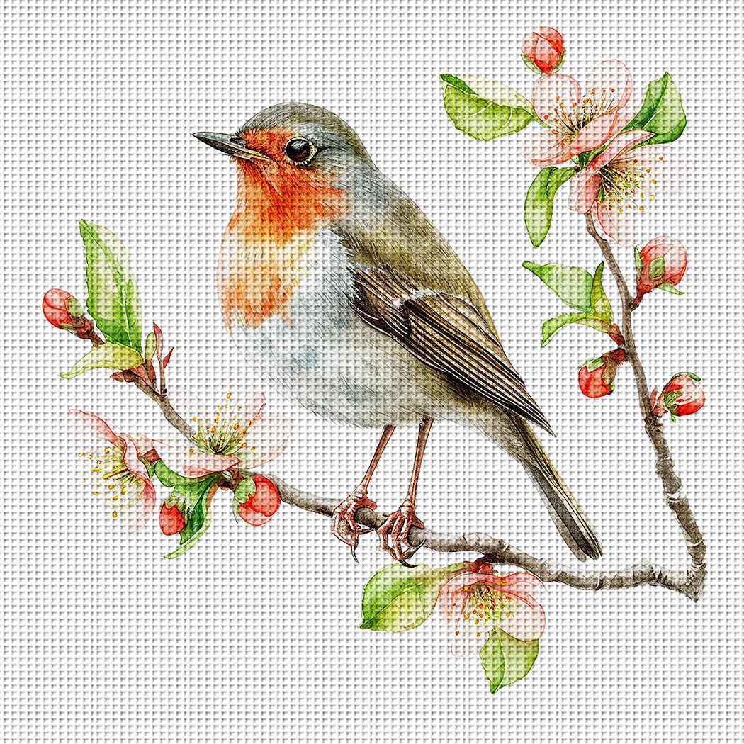 Watercolor Robin Bird Cross Stitch Kit DIY 11CT Embroidery Home Wall Decor Gift Handmade Material Frameless Semi-Finished36×36cm