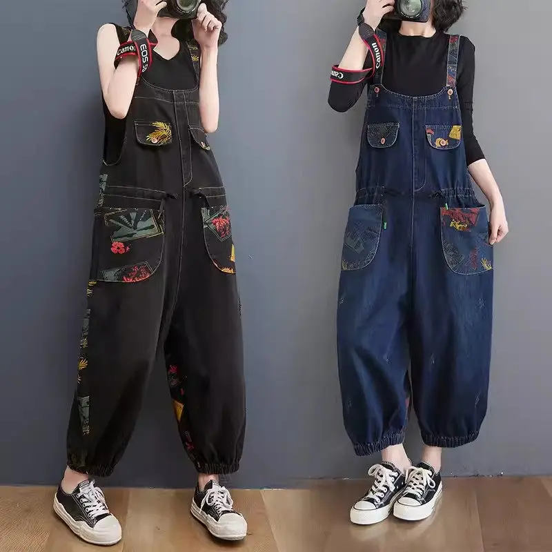 

Retro Printed Denim Overalls For Women Jeans Summer Autumn 2024 Fashion New Large Size Slimming Harem Jumpsuit Pants K2299