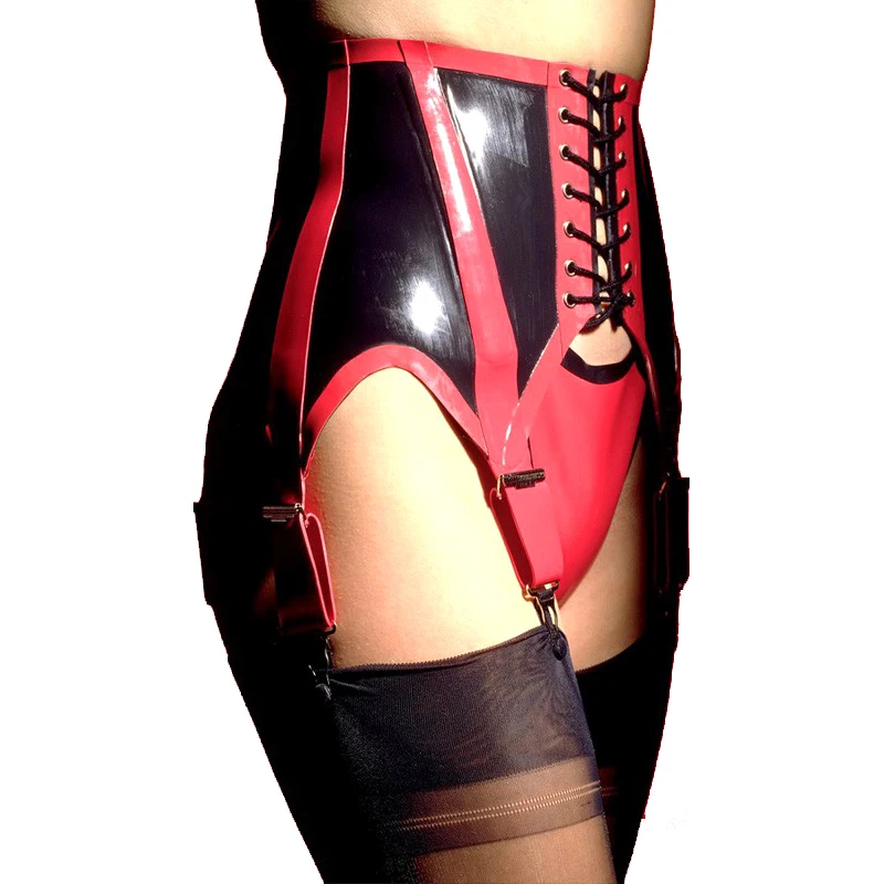 

Black And Red Strips Sexy Rubber Latex Skirts With 6 Pieces Of Garters Belts Lacing Front For Thigh High Stockings JC-0097