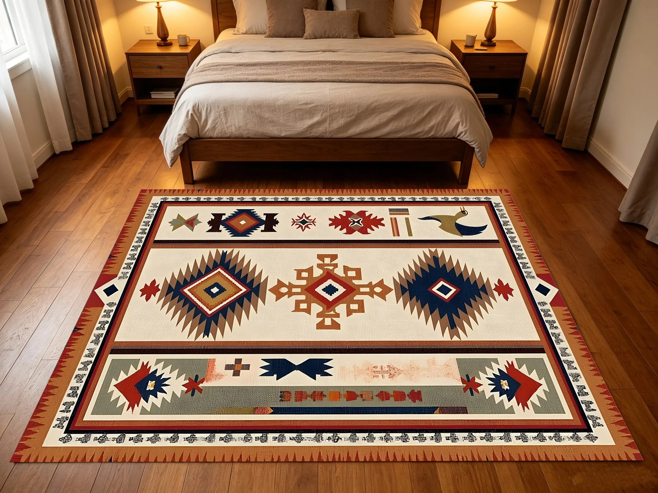 Bohemian Geometric Rhombus Bird Velvet Rug for Living Room, Bedroom & Guesthouse, Warm Exotic Retro Decor