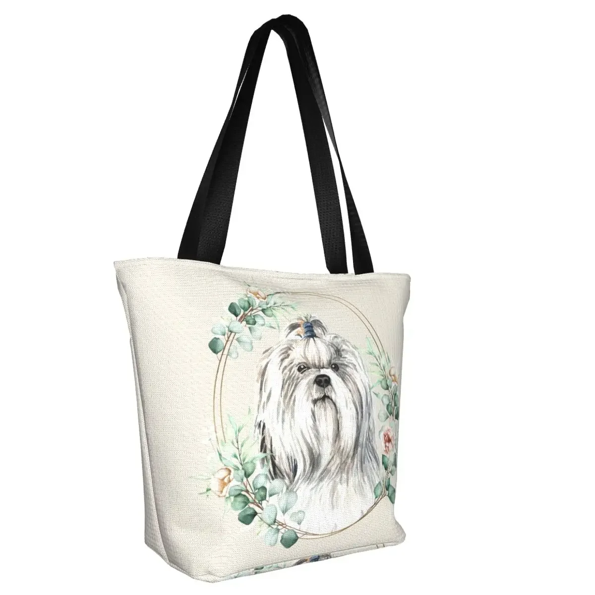 Cute Shih Tzu Dog In Floral Gold Wreath Shopping Tote Bags Recycling Pet Lover Canvas Grocery Shopper Shoulder Bag