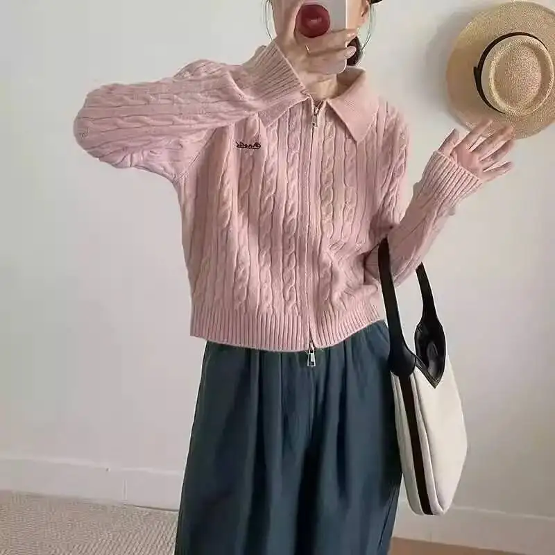 Lapel Twist Double Zipper Knitted Cardigan For Women In Winter New Slim Versatile Top Short Sweater Jacket