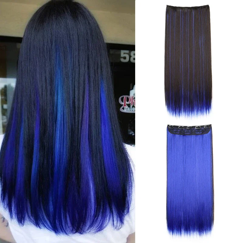 

24Inch Synthetic One Piece Clip in Hair Extension Long Straight Ombre Brown Red Pink Hairpiece for Women