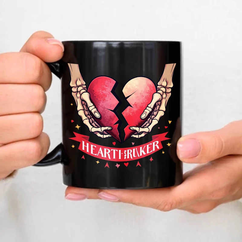 Heartbreak coffee mug, black skeleton hand holding a broken heart design, complete with a red banner and text, suitable for Hall
