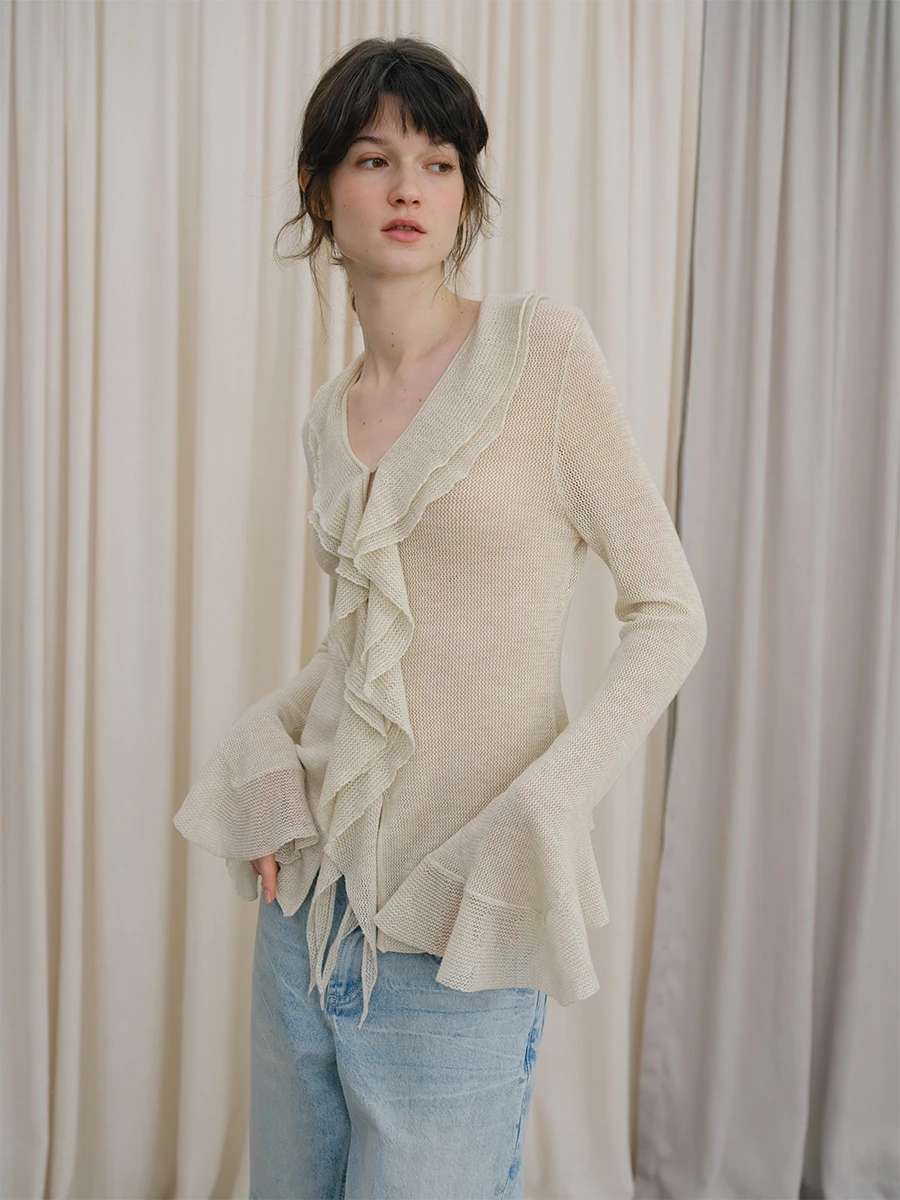 

DKZ Irregular Wood Ear Flounce V-Ne Knitted Long Sve T-irt Spring New Sle Semi-Transparent Casual Women's Top