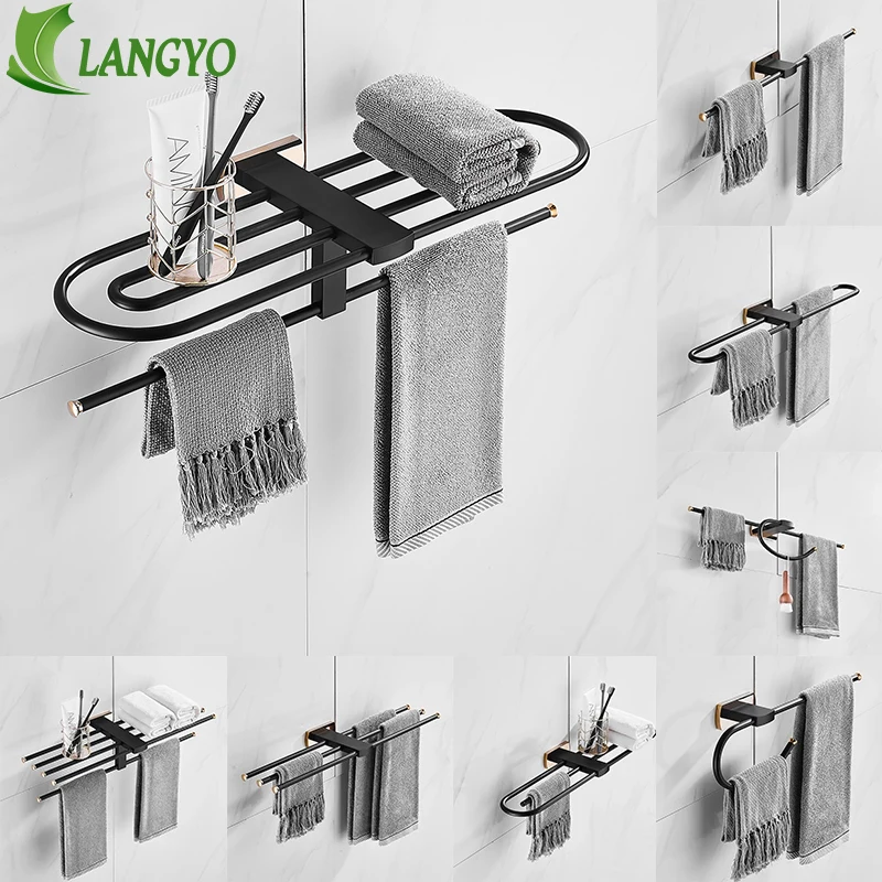 

LANGYO Towel Bar Black Gold Hanger Wall-mounted Hardware Set Storage Rack Paper Holder for Bathroom Accessories