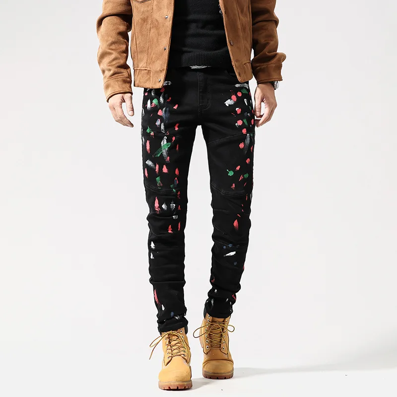 

83531 high street retro tide biker ink splash jeans men's trend splicing high-end fashion elastic slim small feet