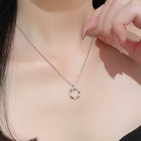 925 Sterling Silver Mobius Ring Necklace With Sparkling Diamonds Double Circle Pendant Collarbone Chain Women's Luxury Jewelry