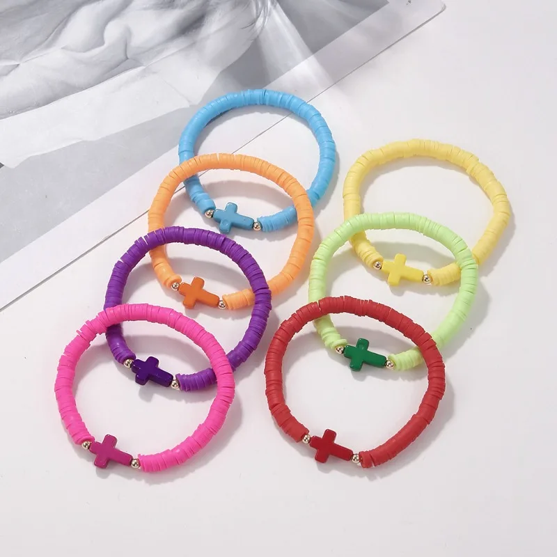 7pcs/set Bohemian Colored Polymer Clay Cross Bracelets for Women New Summer Fashion Simple Handmade Friendship Bracelet Gift