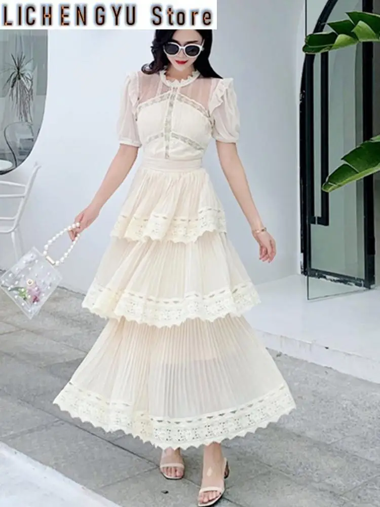 

New Arrival Beige Lace Long Dress High Qulity Luxury Design Runway Dress Short Sleeve Ruffle Summer Dresses Vestidos