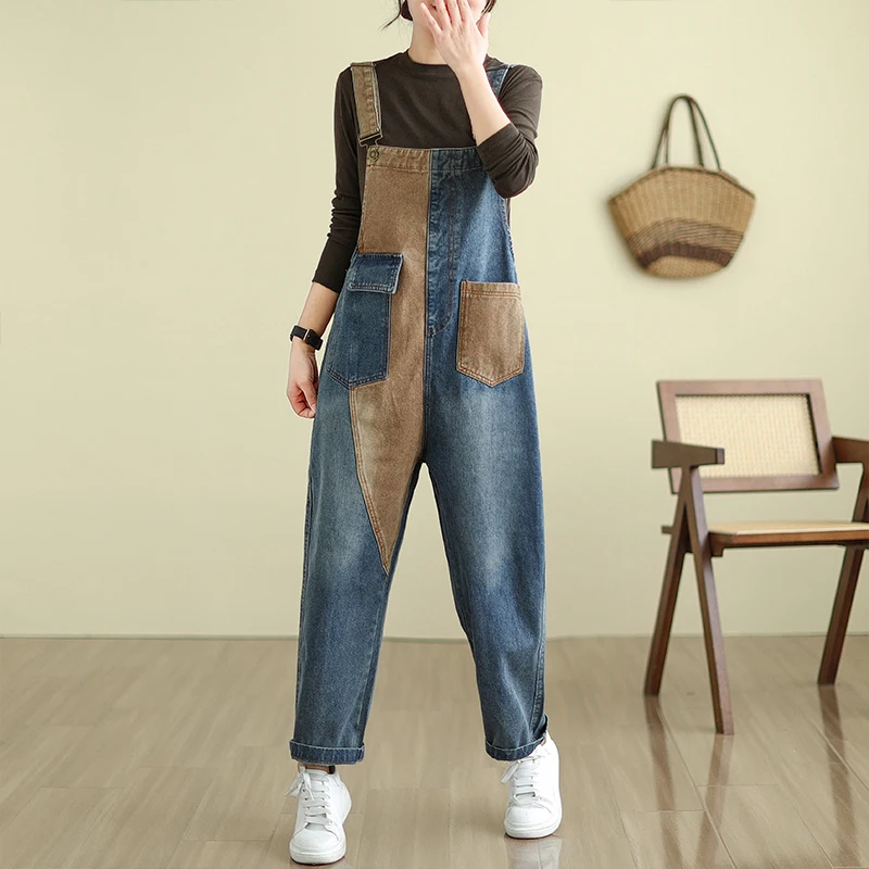 Aricaca Casual Loose M-2XL Jeans Jumpsuits Women Spliced Dungarees Straps Pants Denim Overalls