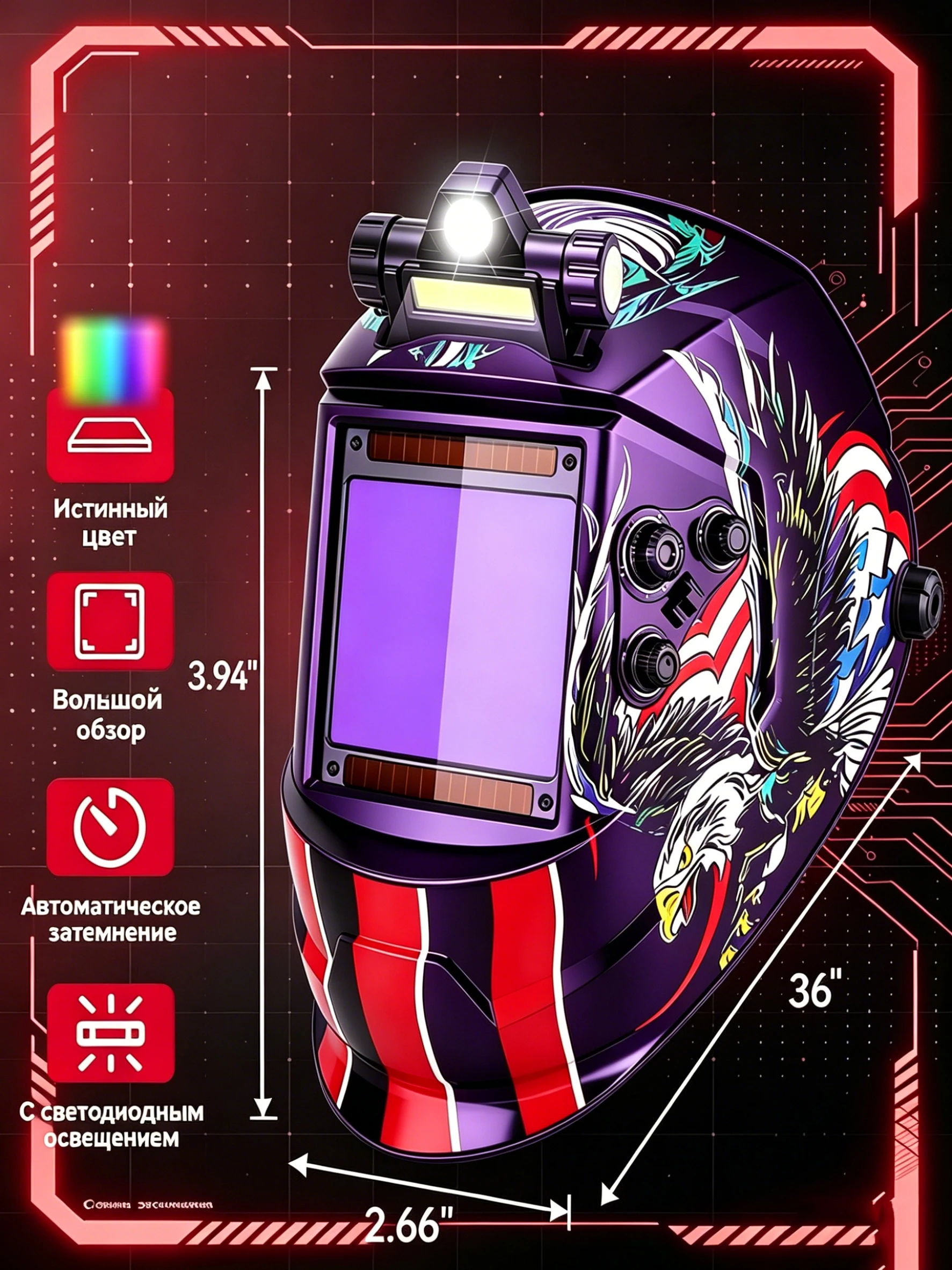 10×9.3cm Large View Auto Dark Welding Helmet – True Color, 4 Sensors, Solar/Battery, Shade 3.5/5-9/9-13 for TIG/MIG/ARC/Cutting