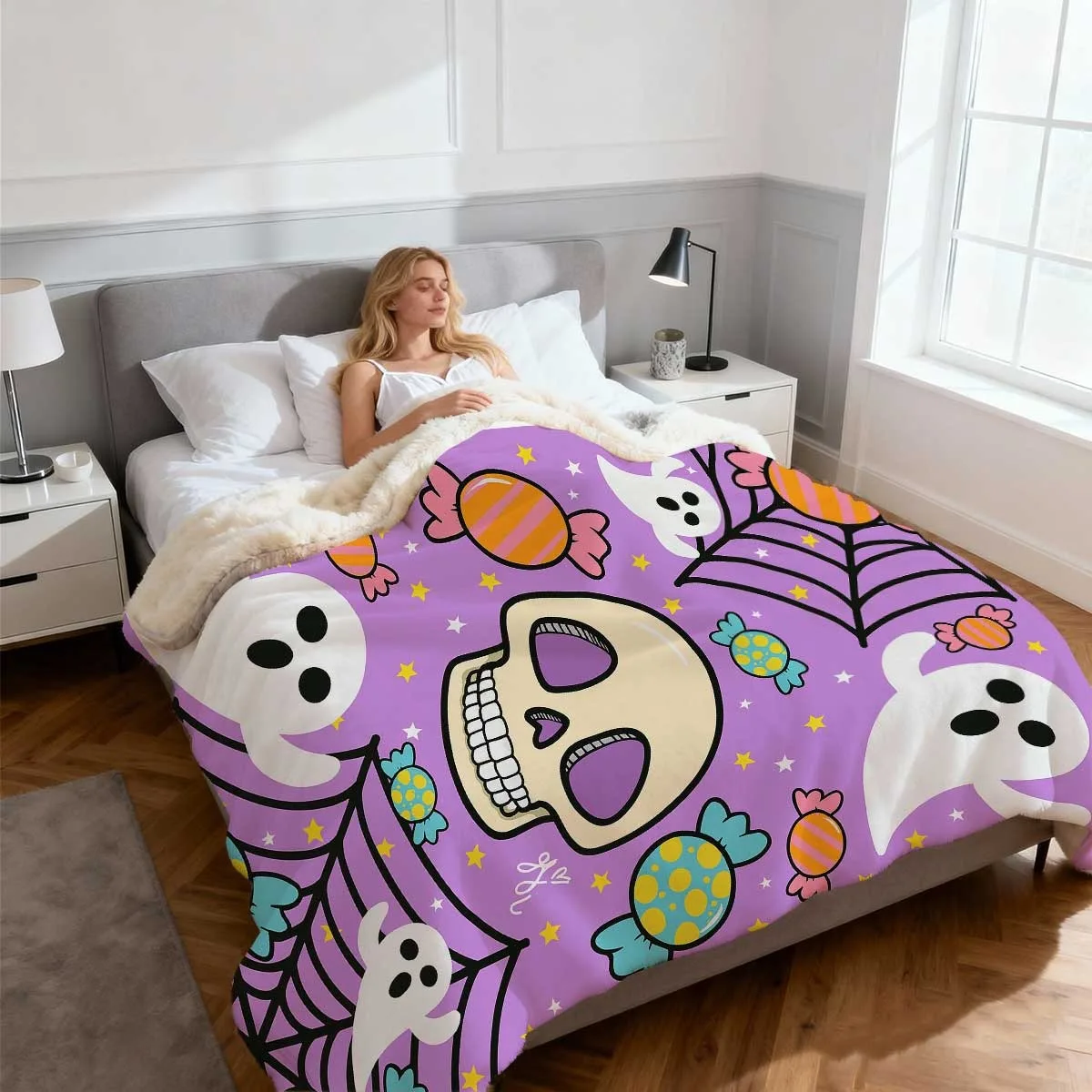 1pc Gothic Purple & Pink Flannel Blanket with Skull & Bat Design Soft Cozy AllSeason Bedspread for Sofa, Bed, Camping Spooky Ghosts, Bats, Cobwebs & Candy Dots Pattern Perfect Birthday Gif