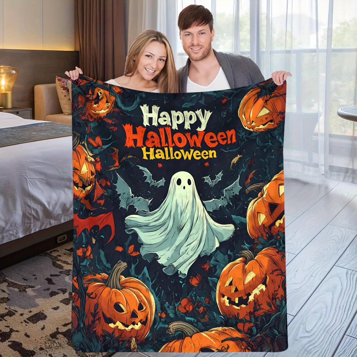 Happy Halloween Soft Flannel Blanket  Bat Design with Ghost & Jack-O'-Lanterns, Perfect for Bed, Couch, Office, and Travel