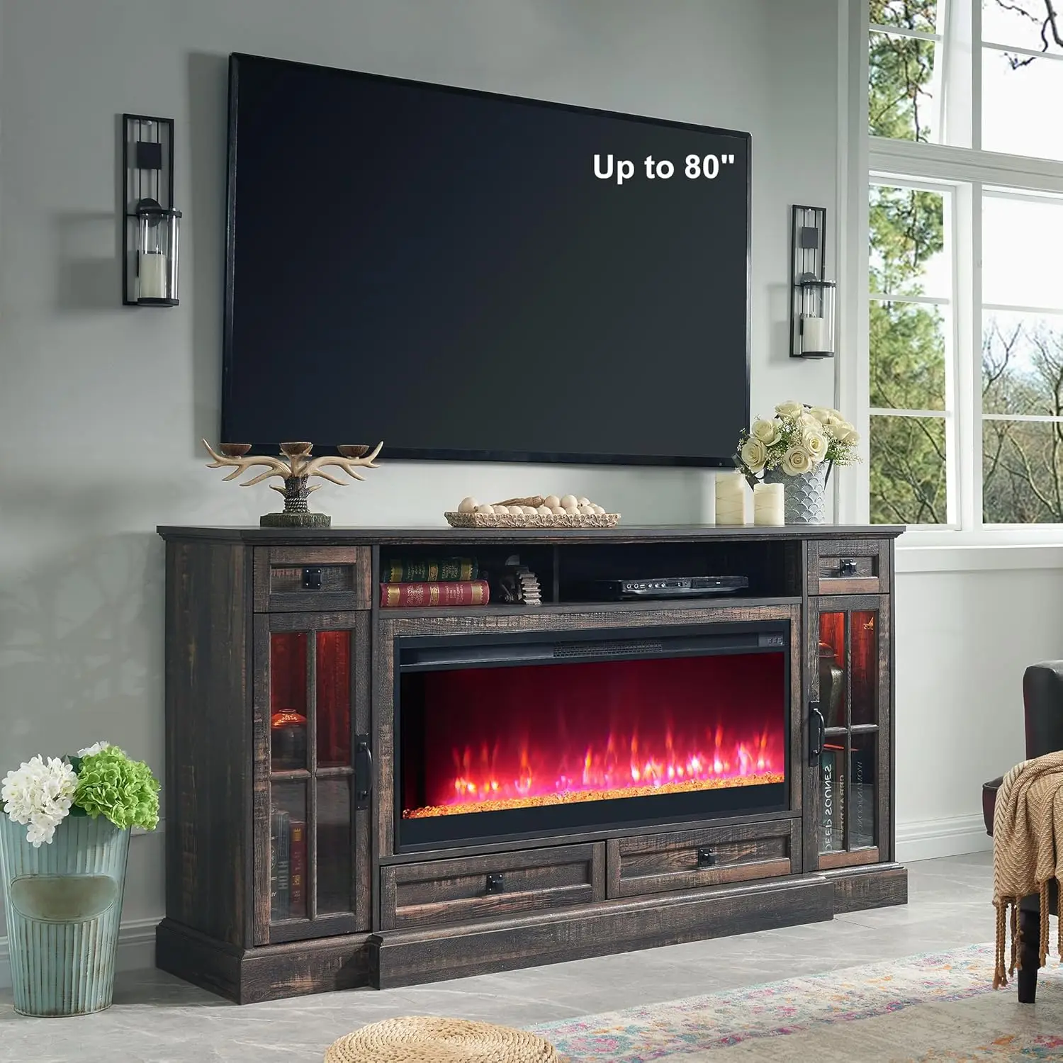 

Farmhouse Fireplace TV Stand for 80 Inch TV, 36" Tall Entertainment Center with 42" Crystal Eletric Fireplace,Customized