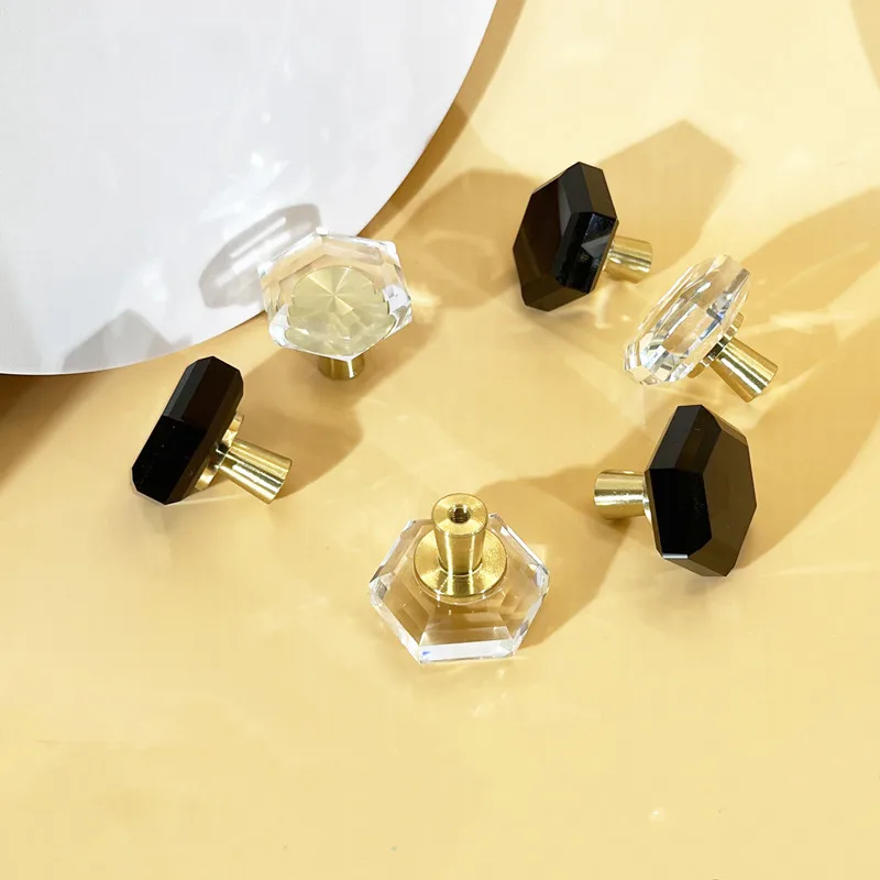 Brass Crystal Glass Drawer Knob Creative Light Luxury Single Hole Modern Simple Octagonal Crystal Knob Cabinet Wardrobe Handle