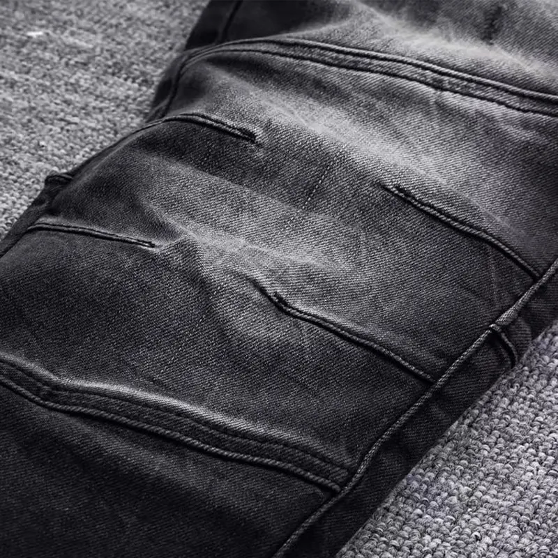 Streetwear Fashion Men Jeans High Quality Retro Black Gray Spliced Designer Biker Jeans Homme Patched Hip Hop Denim Pants Men