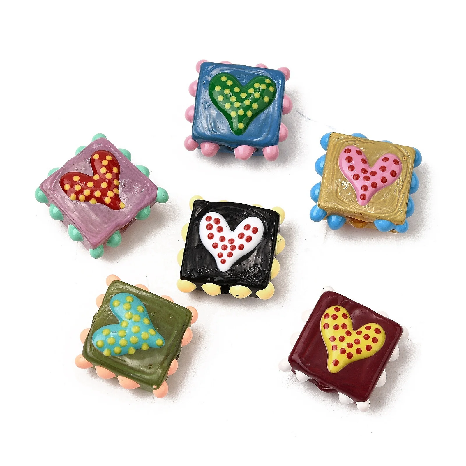 

20 pc Bumpy Square with Love Heart Beads Handmade Lampwork Enamel Loose Spacer Beads For DIY Bracelet Earring Jewelry Making