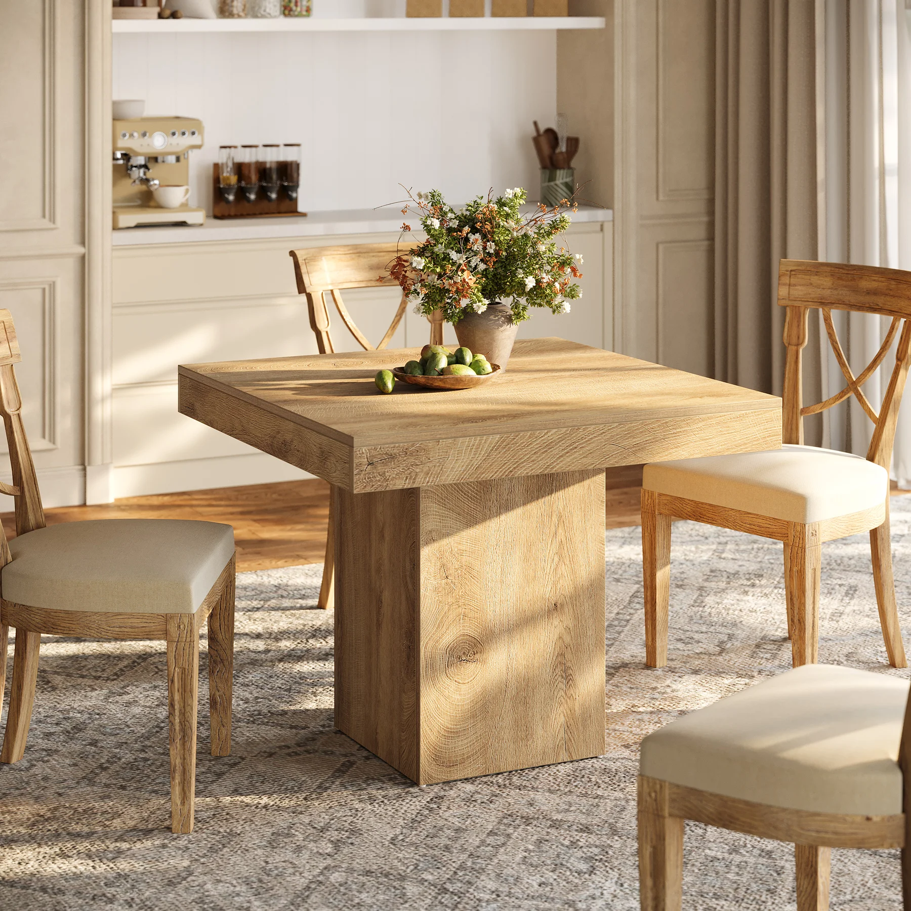 # 39-Inch Square Dining Table for 4,Farmhouse Small Kitchen Dinner Eating Table with Sturdy Pedestal Base, Wooden Dini