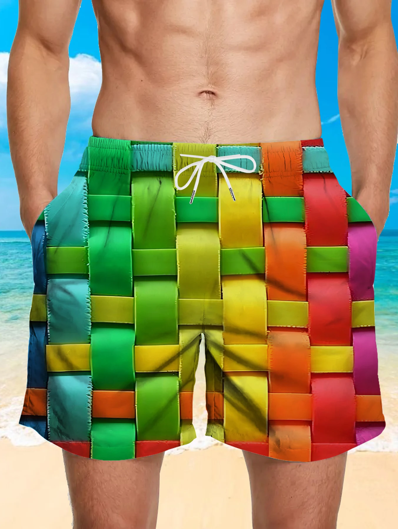 

Elastic Waist Men Beach Shorts Full Digital Print Polyester Quick Dry Swimwear