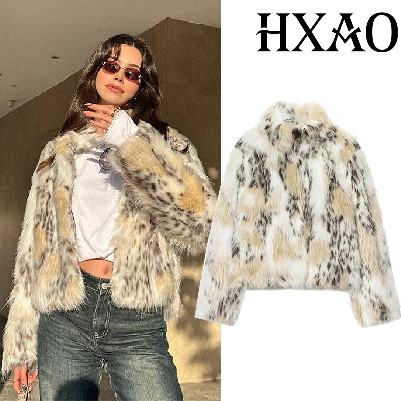 

HXAO Cropped Faux Fur Coat Long Sleeve Fluffy Leopard Plush Jacket Woman Winter Coats Warm Luxury Hairy Jacket Teddy Coat