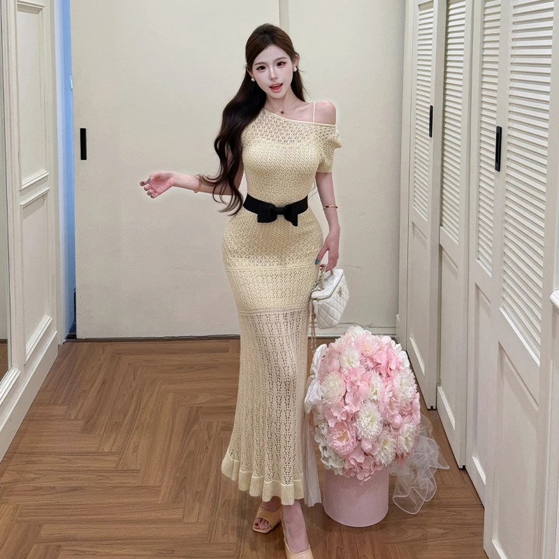 

Slimming Knitted Long Dress Two-Piece Set with Knot Layering Fashionable Elegant Style Women's Summer Outfit