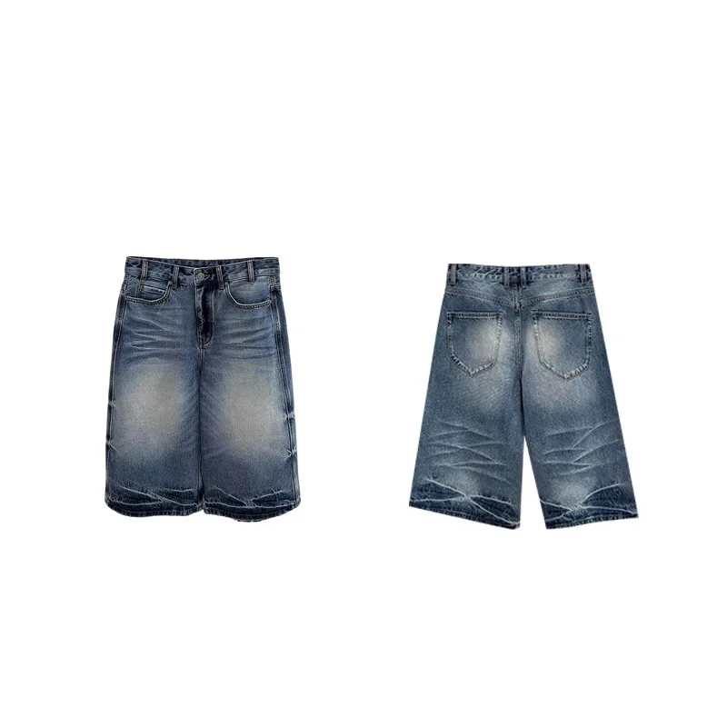 Benuynffy American Retro Washed Distressed Wide Leg Denim Cropped Pants Women 2026 Summer New Mid Waist Loose Straight Leg Jeans