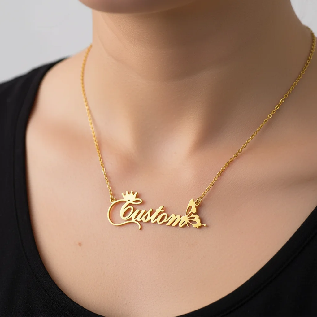 

Custom Crown Butterfly Name Necklace for Women Personalized 18K Gold Plated Letters Pendant Neck Chain Choker Jewelry Gift