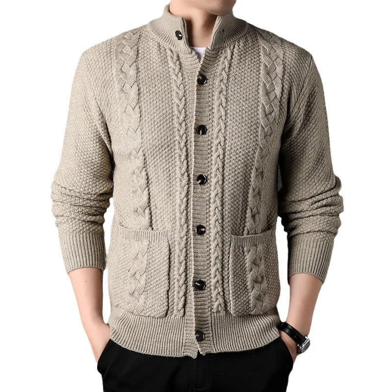 Mens Stand Collar Cardigan Sweaters 2023 Green Button Down Cable Knited Sweater Autumn Winter Fashion Solid Outwear with Pockets