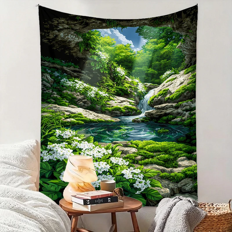 1PC Cave Forest Water Art Print Backdrop Banner, Bedroom Living Room Photo Background, Polyester, Home Decor, Wall Art