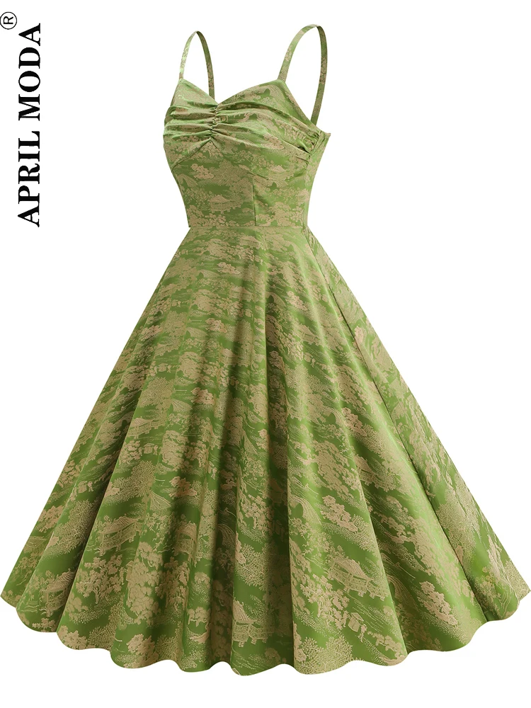 2024 Vintage Style Jacquard A Line Swing Flare Dress Spaghetti Straps Backless 1950s Summer Sexy Holiday Casual Dresses